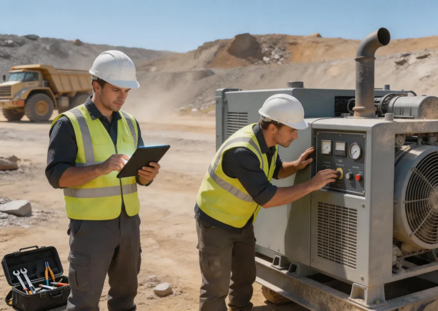 Field service engineers reviewing generator equipment